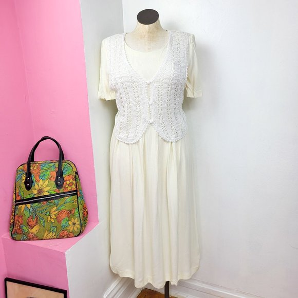 Vintage 90s Cream Crochet Vest Maxi Dress - Picture 1 of 9